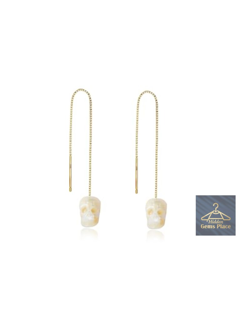 Hand-Carved Pearl Skull Threader Earrings, 925 Sterling Silver 14k Gold Plated